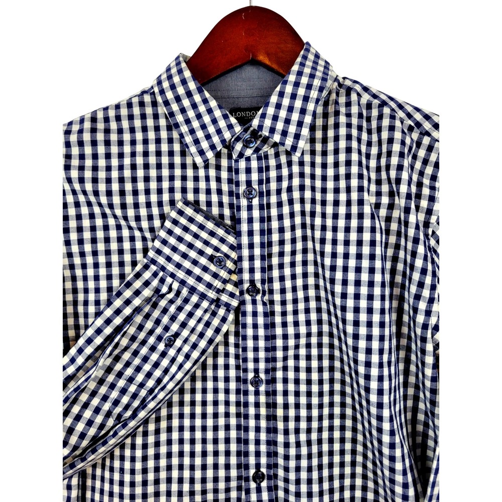 London Fog Mens Gingham Checkered‎ Button Down Long Sleeve Shirt, Small